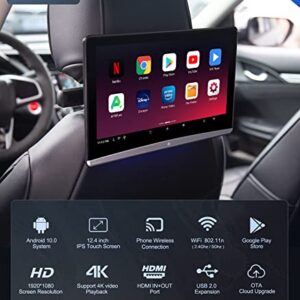 12.4" Android Universal 4K Car TV Headrest Monitor Tablet for Back seat, Support Phone Wireless Connection Mirror Link Touch Screen,with WiFi/Bluetooth/HDMI/USB/AV in/SD/Airplay Video Player(1*pcs)