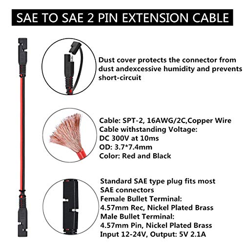 2 Pcs SAE to SAE 2 Pin Extension Cable Quick Disconnect Wire Harness 16 Gauge SAE DC Power Battery Connector With Dust Cap(4 Ft + 8 Ft)