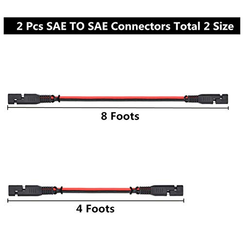 2 Pcs SAE to SAE 2 Pin Extension Cable Quick Disconnect Wire Harness 16 Gauge SAE DC Power Battery Connector With Dust Cap(4 Ft + 8 Ft)