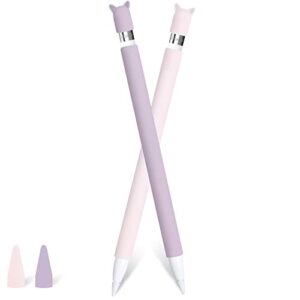 2 pack case for apple pencil 1st generation holder sleeve cover accessories, cute cat silicone grip skin with charging cap and 2 protective nib covers for ipad pro 9.7/10.5/12.9-pink,purple