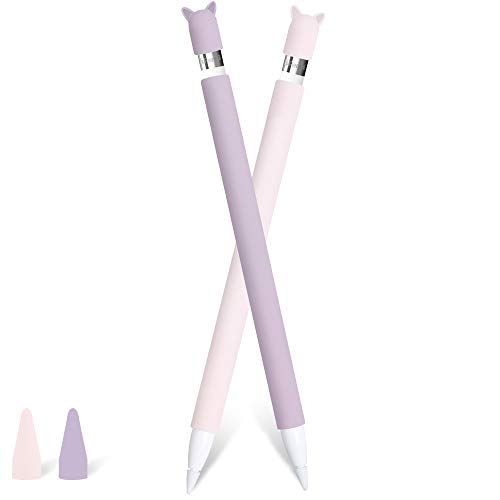 2 Pack Case for Apple Pencil 1st Generation Holder Sleeve Cover Accessories, Cute Cat Silicone Grip Skin with Charging Cap and 2 Protective Nib Covers for iPad Pro 9.7/10.5/12.9-Pink,Purple