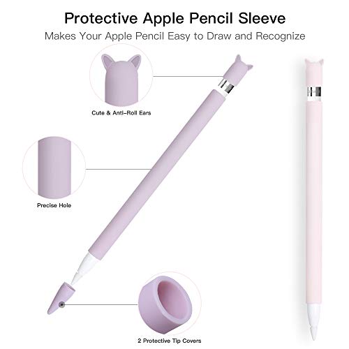 2 Pack Case for Apple Pencil 1st Generation Holder Sleeve Cover Accessories, Cute Cat Silicone Grip Skin with Charging Cap and 2 Protective Nib Covers for iPad Pro 9.7/10.5/12.9-Pink,Purple