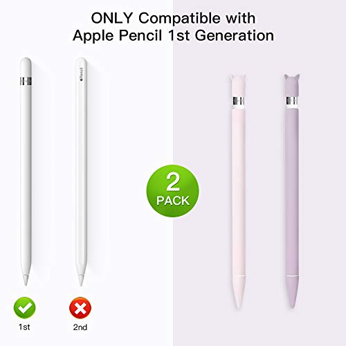 2 Pack Case for Apple Pencil 1st Generation Holder Sleeve Cover Accessories, Cute Cat Silicone Grip Skin with Charging Cap and 2 Protective Nib Covers for iPad Pro 9.7/10.5/12.9-Pink,Purple