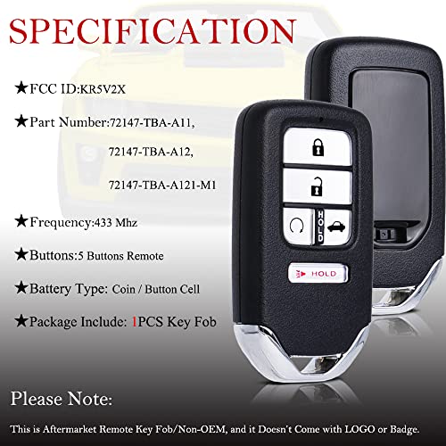 Key Fob Remote Replacement Fits for Honda Civic 2016 2017 2018 2019 2020 2021 KR5V2X Smart Proximity Keyless Entry Remote Control Uncut 5 Buttons 433Mhz (72147-TBA-A11)