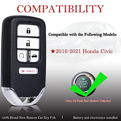 Key Fob Remote Replacement Fits for Honda Civic 2016 2017 2018 2019 2020 2021 KR5V2X Smart Proximity Keyless Entry Remote Control Uncut 5 Buttons 433Mhz (72147-TBA-A11)