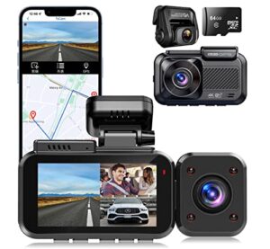 bpyy 3 channel 4k dash cam, 4k+1080p+1080p front and rear and interior, dash camera for cars built-in 5g wifi gps, hd camera, 24-hour parking mode, wdr, ir night vision, g sensor, support up to 256g