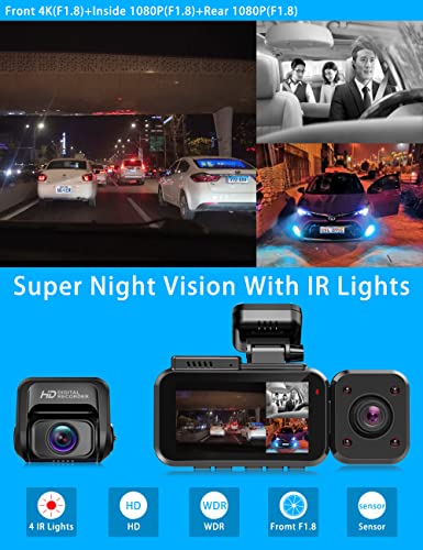 BPYY 3 Channel 4K Dash Cam, 4K+1080P+1080P Front and Rear and Interior, Dash Camera for Cars Built-in 5G WiFi GPS, HD Camera, 24-Hour Parking Mode, WDR, IR Night Vision, G Sensor, Support up to 256G