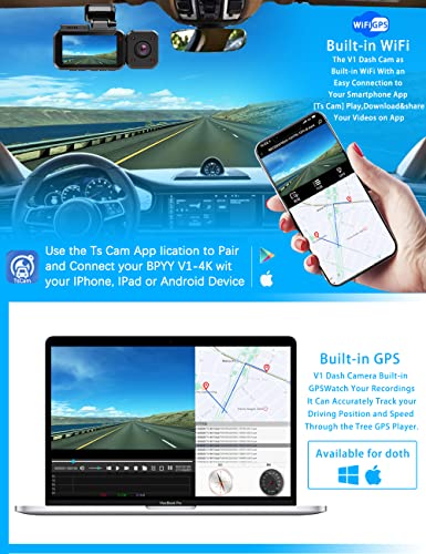 BPYY 3 Channel 4K Dash Cam, 4K+1080P+1080P Front and Rear and Interior, Dash Camera for Cars Built-in 5G WiFi GPS, HD Camera, 24-Hour Parking Mode, WDR, IR Night Vision, G Sensor, Support up to 256G