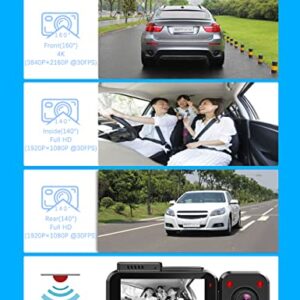 BPYY 3 Channel 4K Dash Cam, 4K+1080P+1080P Front and Rear and Interior, Dash Camera for Cars Built-in 5G WiFi GPS, HD Camera, 24-Hour Parking Mode, WDR, IR Night Vision, G Sensor, Support up to 256G