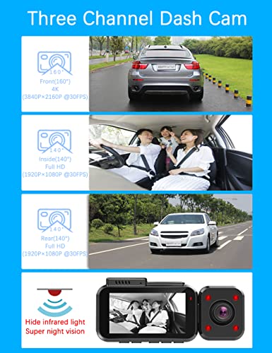 BPYY 3 Channel 4K Dash Cam, 4K+1080P+1080P Front and Rear and Interior, Dash Camera for Cars Built-in 5G WiFi GPS, HD Camera, 24-Hour Parking Mode, WDR, IR Night Vision, G Sensor, Support up to 256G