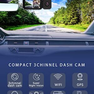 BPYY 3 Channel 4K Dash Cam, 4K+1080P+1080P Front and Rear and Interior, Dash Camera for Cars Built-in 5G WiFi GPS, HD Camera, 24-Hour Parking Mode, WDR, IR Night Vision, G Sensor, Support up to 256G