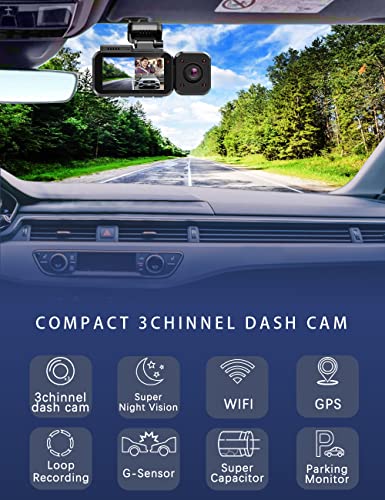 BPYY 3 Channel 4K Dash Cam, 4K+1080P+1080P Front and Rear and Interior, Dash Camera for Cars Built-in 5G WiFi GPS, HD Camera, 24-Hour Parking Mode, WDR, IR Night Vision, G Sensor, Support up to 256G