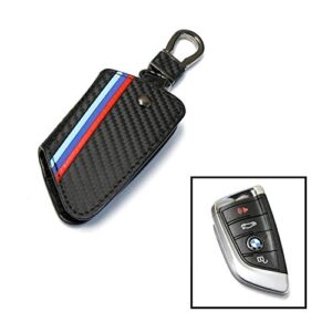 xotic tech m-colored stripe carbon fiber leather remote key fob cover case compatible with bmw x1 x5 x6 5 7 series f48 f15 f16 g30 g31 g11 g12
