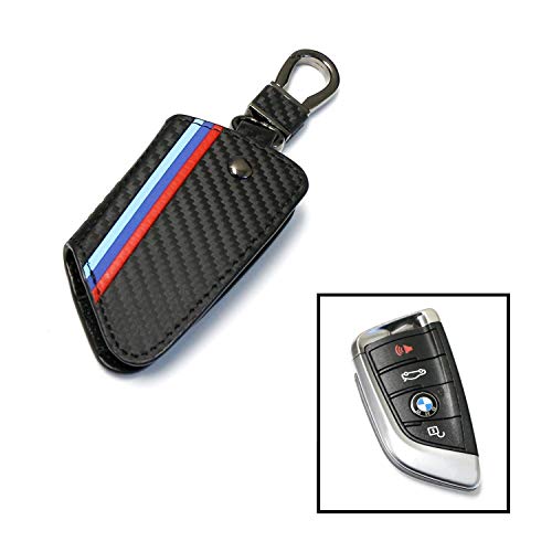 Xotic Tech M-Colored Stripe Carbon Fiber Leather Remote Key Fob Cover Case Compatible with BMW X1 X5 X6 5 7 Series F48 F15 F16 G30 G31 G11 G12