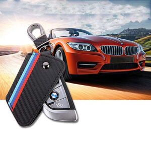 Xotic Tech M-Colored Stripe Carbon Fiber Leather Remote Key Fob Cover Case Compatible with BMW X1 X5 X6 5 7 Series F48 F15 F16 G30 G31 G11 G12