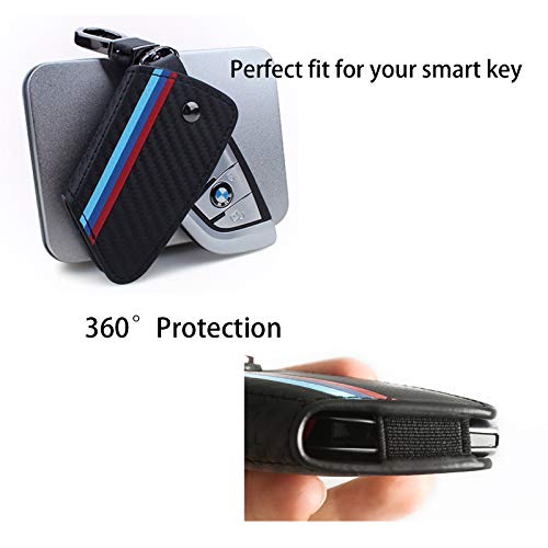 Xotic Tech M-Colored Stripe Carbon Fiber Leather Remote Key Fob Cover Case Compatible with BMW X1 X5 X6 5 7 Series F48 F15 F16 G30 G31 G11 G12