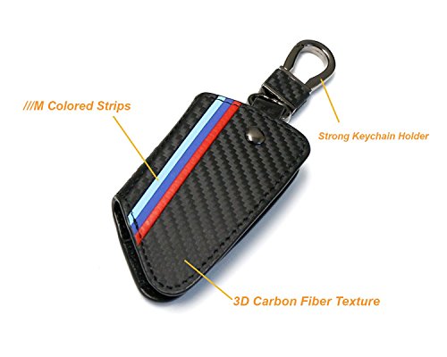 Xotic Tech M-Colored Stripe Carbon Fiber Leather Remote Key Fob Cover Case Compatible with BMW X1 X5 X6 5 7 Series F48 F15 F16 G30 G31 G11 G12