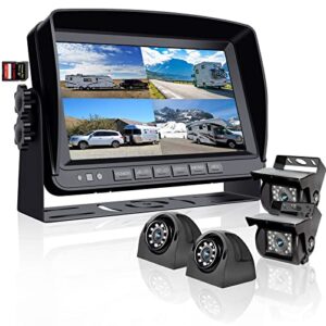 backup camera system with 9” 1080p monitor for rv semi box truck trailer camper, 4 split screen quad view hd dvr record monitor + ip69 waterproof night vision rear side view camera avoid blind spot