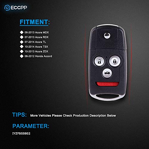 ECCPP Replacement fit for Uncut Keyless Entry Remote Control Car Key Fob Shell Case for Honda for Accord/for Acura MDX/for Acura RDX/for Acura TL/for Acura TSX/for Acura ZDX IYZFBSB802(Pack of 1)