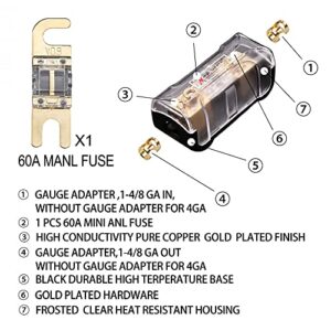 Magic source Mini ANL Fuse Holder Wire Inline Fuse 60 A,4/8 Gauge to 4/8 Ga Copper Gold-Plated Fuse Block for Car Audio (1 Way)