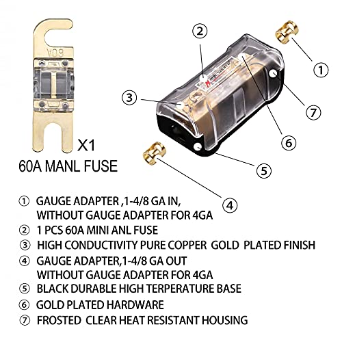 Magic source Mini ANL Fuse Holder Wire Inline Fuse 60 A,4/8 Gauge to 4/8 Ga Copper Gold-Plated Fuse Block for Car Audio (1 Way)