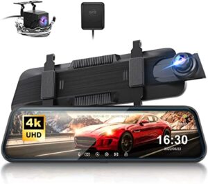 thieye 4k mirror dash camera 10” touch screen, carview 4 dual dash cameras front and rear lens,super night vision,parking monitoring,reversing assistance, voice control & gps