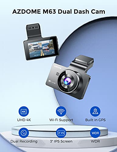 AZDOME 4K Dual Dash Cam Front and Rear, Built-in GPS/WiFi(64G SD Card Included), Dashboard Camera with UHD 3840x2160P, 3" Display, Sony Sensor, 170° FOV, WDR, Night Vision, Parking Monitor, G-Sensor