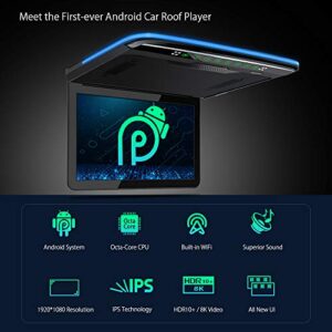 XTRONS Android Car Overhead Player 13.3 Inch Wide IPS Screen Car Roof Mount Monitor with Built-in Stereo Speakers Flip Down Overhead Car Monitor Support 8K Video, Bluetooth, WiFi, HDMI, USB, IR