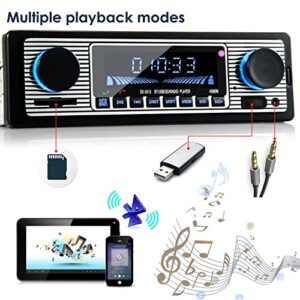 RuiFuDio Classic Bluetooth Car Stereo,Single Din Bluetooth Audio and Hands-Free Calling,Built in Microphone,FM Radio Receiver with USB,AUX in,SD Card Port,Wireless Remote Control,Clock Display,60W× 4