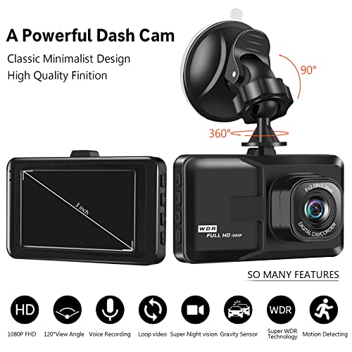 Dash Cam Front, Dash Camera for Car,3 Inch LCD Screen, 1080P Full HD Car Dashboard Recorder, 120° Wide Angle Dashcam, Gravity Sensor, WDR, Loop Recording, Motion Detection