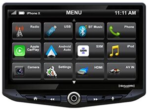 stinger heigh10 10 multimedia car stereo 1024 x 600 hd display. apple car play, android auto, siriusxm ready, bluetooth, toslink audio output & hdmi rear input, single/double din mounting