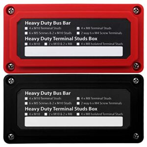 amomd 2pcs 300a bus bar box heavy duty module design nickel plated brass buss battery power distribution block with 4xm8(5/16″) stainless steel terminal studs marine ground dc12 24 48v（red & black）
