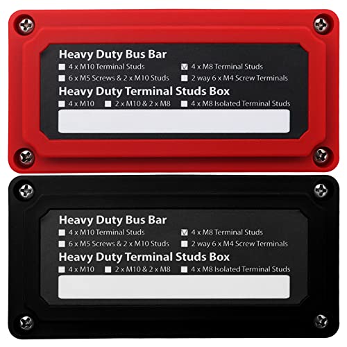 AMOMD 2PCS 300A Bus Bar Box Heavy Duty Module Design Nickel Plated Brass Buss Battery Power Distribution Block with 4xM8(5/16") Stainless Steel Terminal Studs Marine Ground DC12 24 48V（Red & Black）