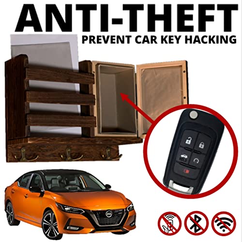 2-in-1 Anti-Theft Wall Mounted Key Holder and Mail Holder with Built-In RFID Box For Car Keys, Protect Your Vehicle From Keyless Theft, 3 Double Hooks, Rustic Decor for Entryway & Mudroom -- Brown