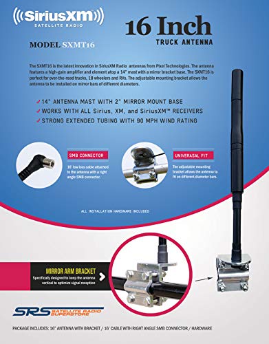 SiriusXM Satellite Radio Truck Antenna with 14 Inch Mast and Mirror Mount Bracket, Works with All SiriusXM Receivers and Legacy Sirius and XM Radios