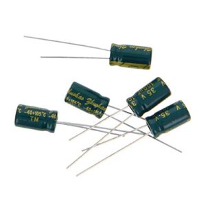 Bettomshin 100Pcs Aluminum Radial Electrolytic Capacitor Low ESR Green 100uF 35V 6x11mm High Ripple Current,Low Impedance for TV, LCD Monitor, Radio, Stereo, Game