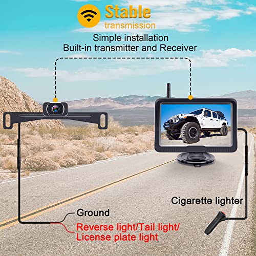 Wireless Backup Camera HD 1080P 5 Inch Monitor Stable Digital Signals Bluetooth Rear View Reverse License Plate Cam for Car Truck Camper Wide Viewing Angle DIY Parking Guide Lines D35