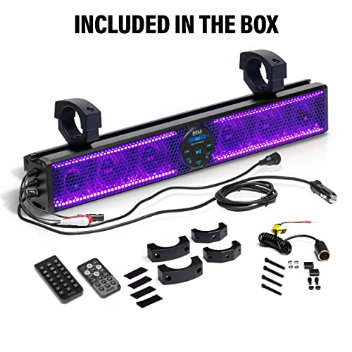 BOSS Audio Systems BRT25SLR ATV UTV Sound Bar Speaker System - 25 Inches Wide, IPX5 Rated Weatherproof, Bluetooth Audio, Amplified, 3 inch Speakers, 1 Inch Tweeters, USB Port, Multicolor Illumination