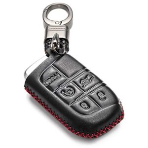 vitodeco genuine leather smart key keyless remote entry fob case cover with key chain for jeep, dodge, chrysler (5 buttons, black/red)