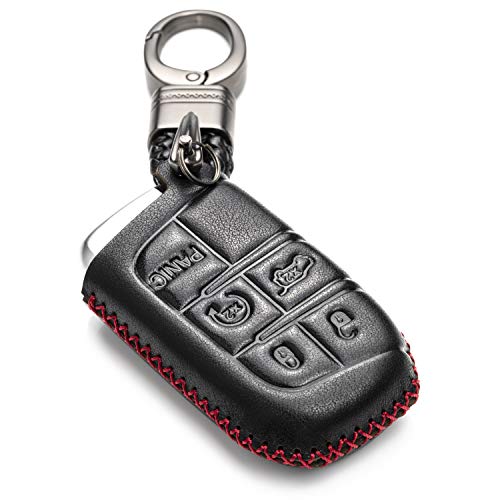 Vitodeco Genuine Leather Smart Key Keyless Remote Entry Fob Case Cover with Key Chain for JEEP, Dodge, Chrysler (5 Buttons, Black/Red)