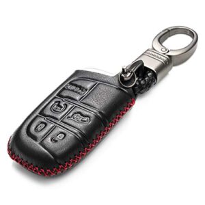 Vitodeco Genuine Leather Smart Key Keyless Remote Entry Fob Case Cover with Key Chain for JEEP, Dodge, Chrysler (5 Buttons, Black/Red)