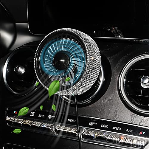 Bling Car Fan USB Fan with LED Light, Air Vent Mounted USB Fan with Bling Rhinestones Crystal for Car Air Vent Mounted, 360° Rotatable Car Auto Powerful Cooling Air Fan for Sedan SUV Auto Vehicles.