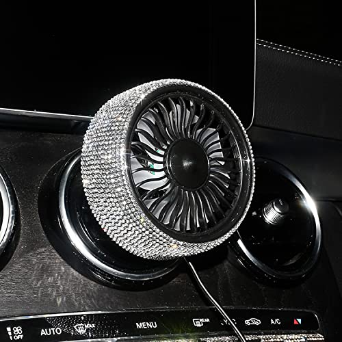 Bling Car Fan USB Fan with LED Light, Air Vent Mounted USB Fan with Bling Rhinestones Crystal for Car Air Vent Mounted, 360° Rotatable Car Auto Powerful Cooling Air Fan for Sedan SUV Auto Vehicles.