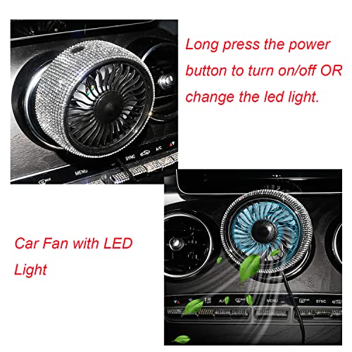 Bling Car Fan USB Fan with LED Light, Air Vent Mounted USB Fan with Bling Rhinestones Crystal for Car Air Vent Mounted, 360° Rotatable Car Auto Powerful Cooling Air Fan for Sedan SUV Auto Vehicles.