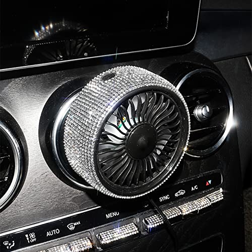 Bling Car Fan USB Fan with LED Light, Air Vent Mounted USB Fan with Bling Rhinestones Crystal for Car Air Vent Mounted, 360° Rotatable Car Auto Powerful Cooling Air Fan for Sedan SUV Auto Vehicles.