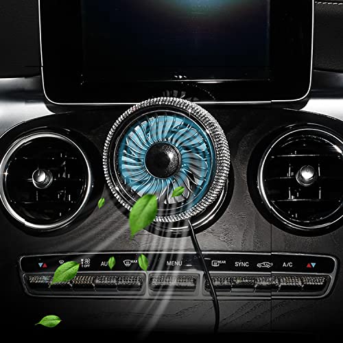 Bling Car Fan USB Fan with LED Light, Air Vent Mounted USB Fan with Bling Rhinestones Crystal for Car Air Vent Mounted, 360° Rotatable Car Auto Powerful Cooling Air Fan for Sedan SUV Auto Vehicles.