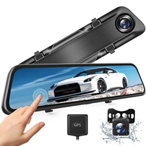 2.5k 12 inches uhd mirror dash cam front and rear camera, gps rearview mirror camera for cars & trucks with ips touch screen, enhanced night vision, waterproof backup camera, emergency lock, black