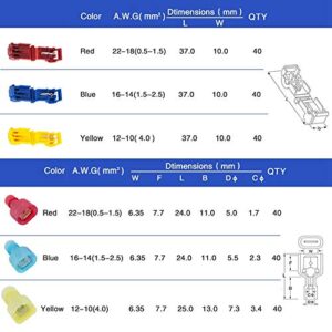 RuiLing 100 PCS Self-Stripping T-Tap Electrical Connectors Wire Quickly Splice Connector and Insulated Male Quick Disconnect Terminals (Blue)