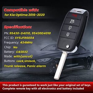 Aichiyu Flip Remote Key Fob for Kia Optima 2016 2017 2018 2019 2020 FCC ID: SY5JFRGE04 P/N: 95430-D4010 4 Buttons 434Mhz Keyless Entry Car Control Transmitter