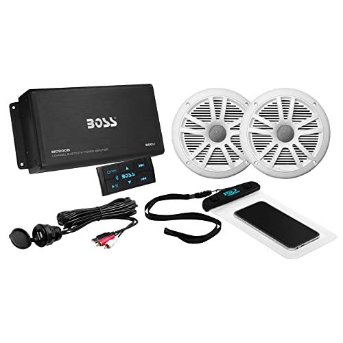 BOSS Audio Systems ASK902B.6 Marine 500 Watt 4 Channel Amplifier 6.5 Inch Speaker Bluetooth System, Bluetooth Remote, USB Auxiliary Interface Mount, Waterproof Pouch